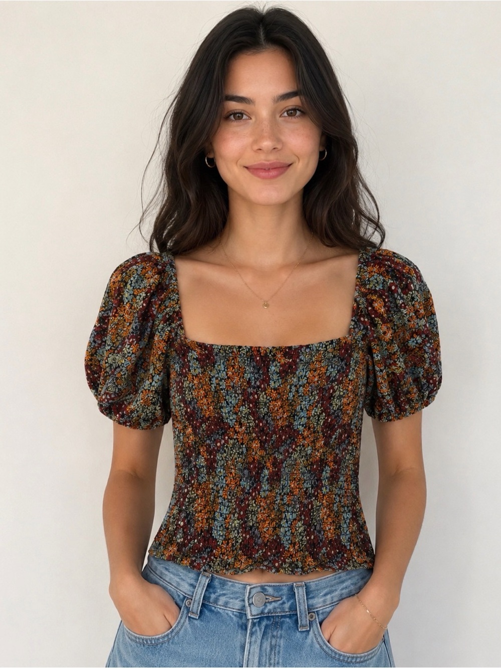 Free People Floral Smocked Puff Sleeve Crop Top XS/S Boho Cottagecore